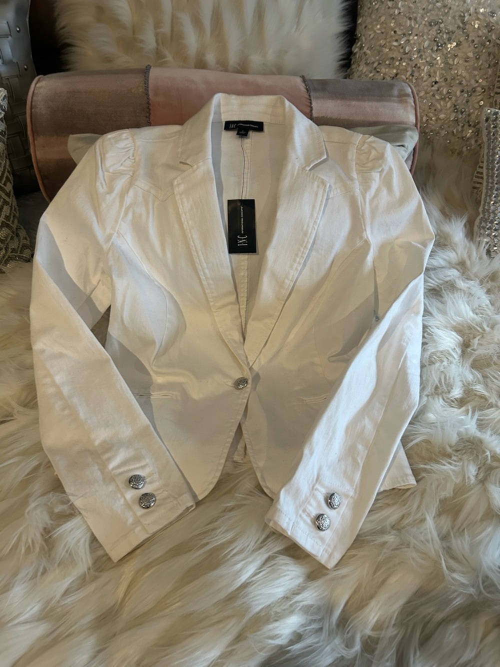 NWT International Concepts White Denim Blazer w/puffed sleeves